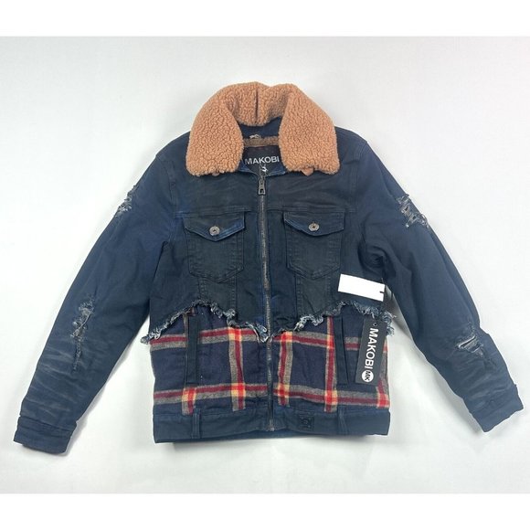 Makobi Mens Small Dark Blue Plaid Zip Denim Jean Sherpa Jacket Distressed M1035 - Picture 1 of 11